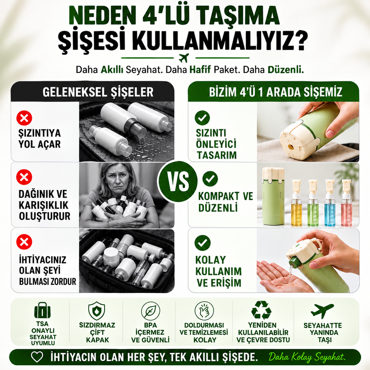 Heelvia TravelPro – 4'ü 1 Arada Doldurulabilir Seyahat Şişesi Seti